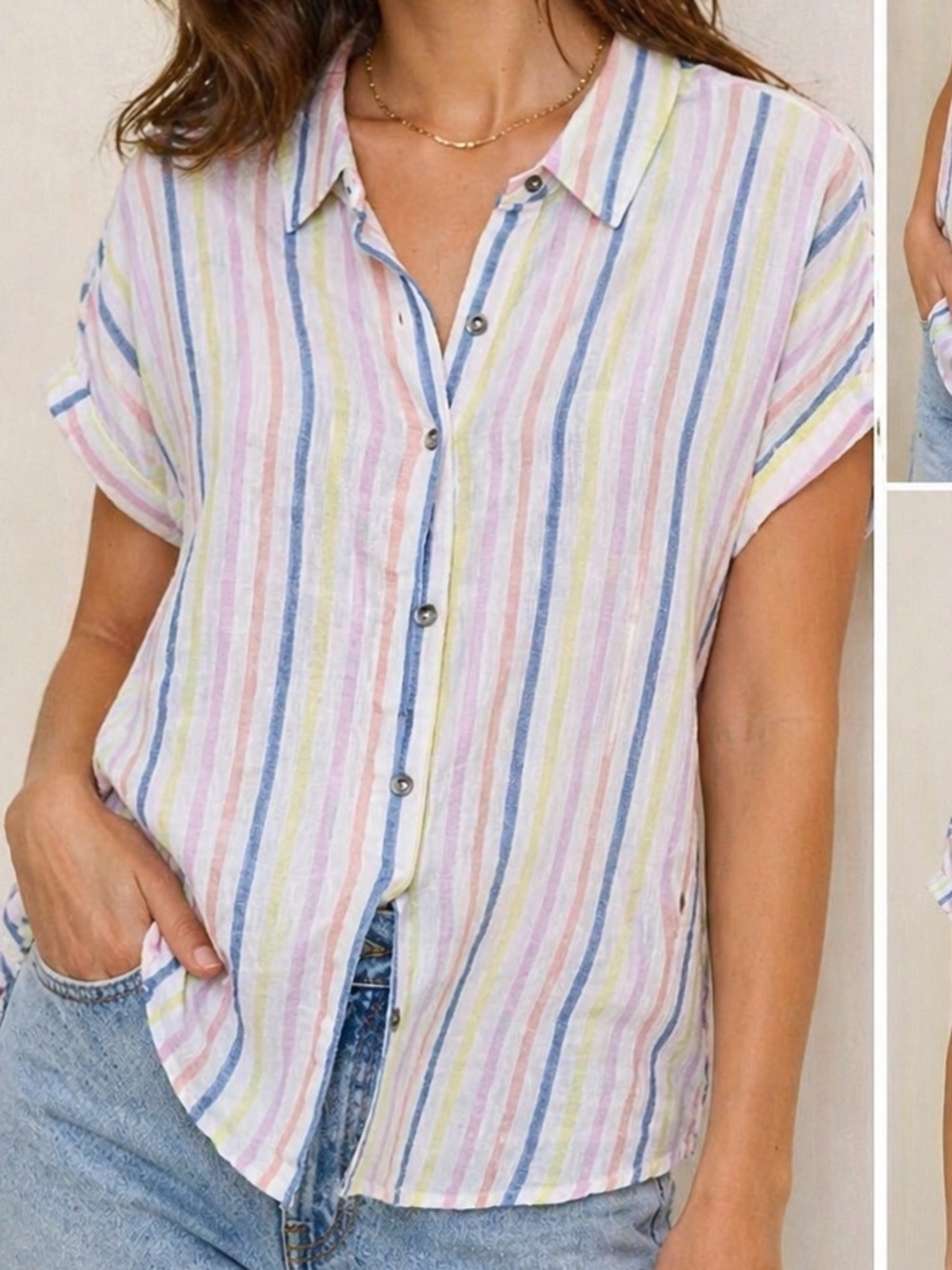 Splendid Linen Blend Striped Button Up Shirt Small Pastel Relaxed Fit